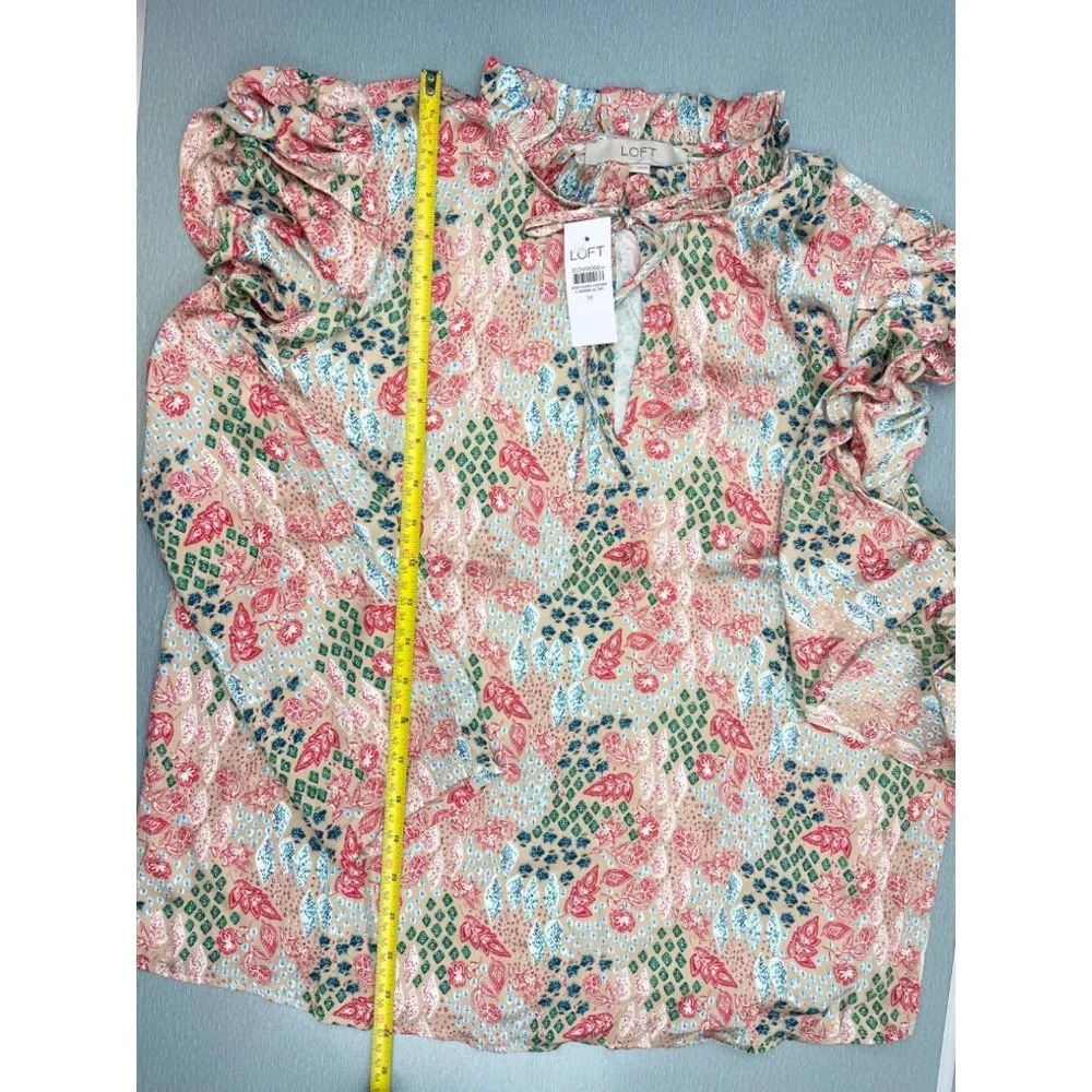 LOFT WOMEN Garden Cinched Sleeve Ruffle Tie Neck Mixed Media Top M